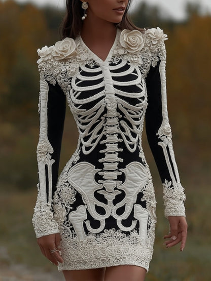 Women's Halloween Skeleton Bones With Rose Art Cozy Knit V Neck Mini Sweater Dress