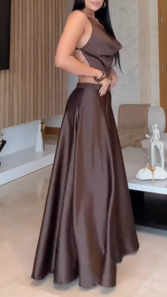 Brown Satin Halter Crop Top & Maxi Skirt Set