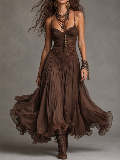Dark Brown Lace-Paneled Chiffon Maxi Dress