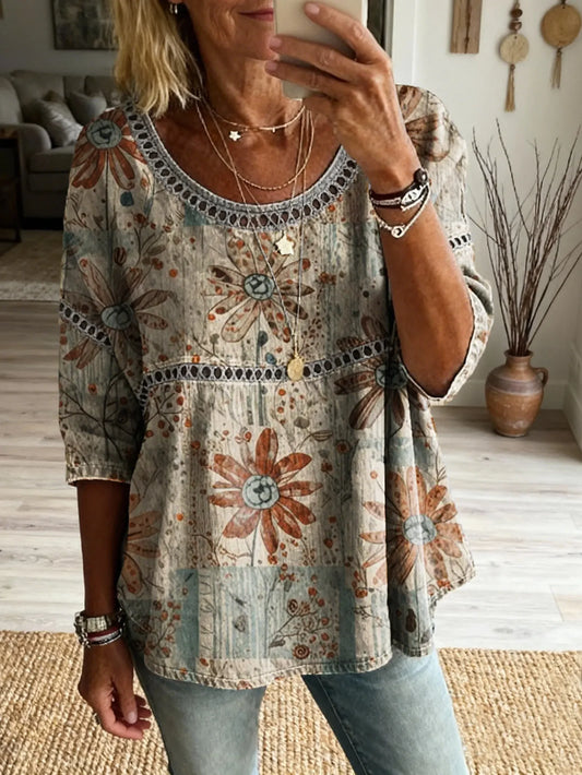 Women's Round Neck Hollow Print Patchwork Casual Top