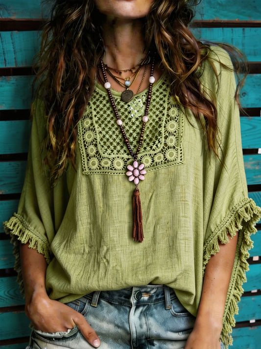 Women’s Boho Crochet Yoke Fringe 3/4 Sleeve Loose Blouse