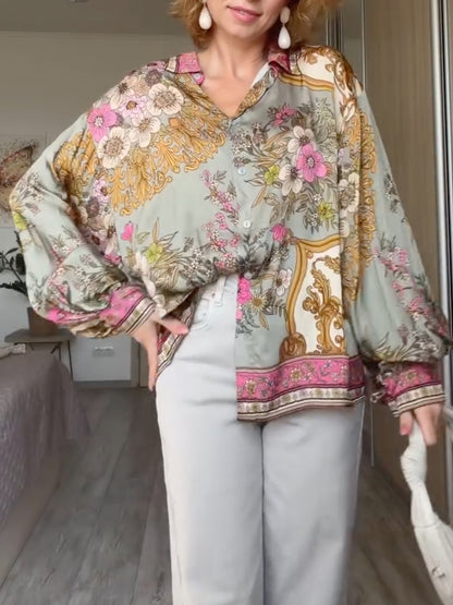 Vintage Floral Print Lantern Sleeve Button Down Chiffon Blouse