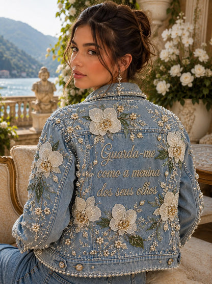 3D Pearl Flower Letter Denim Jacket