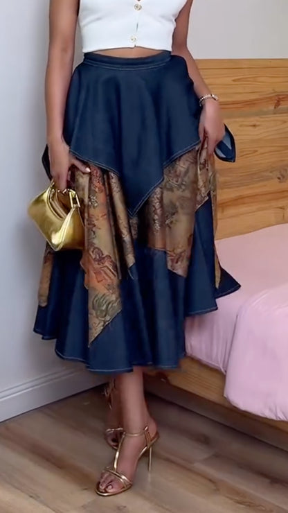 Dark  Irregular Ruffle Layered Vintage Printed High Waist Midi Skirt