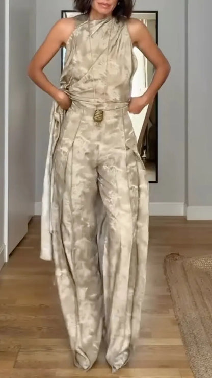 Taupe Satin Halter Neck Draped Wide Leg Pants Set