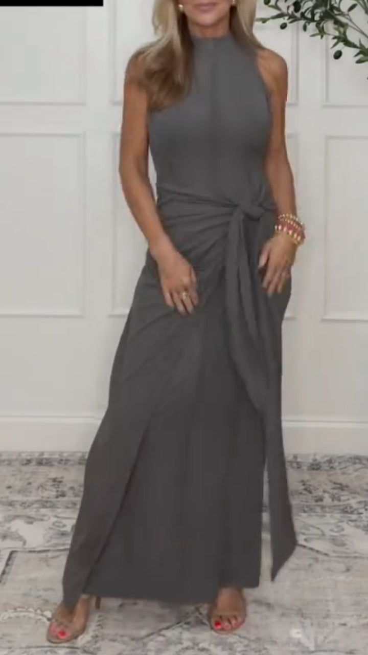 Grey Halter Neck Tie‑Waist Wrap Maxi Dress