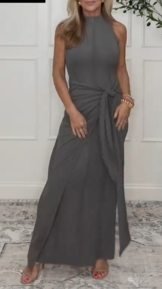 Grey Halter Neck Tie‑Waist Wrap Maxi Dress
