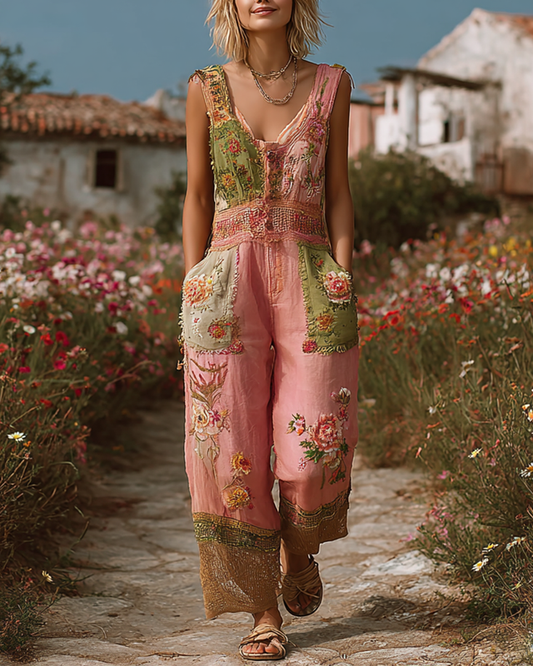 Summer Holiday Floral Embroidered Contrast Color Patchwork Jumpsuit b1fe