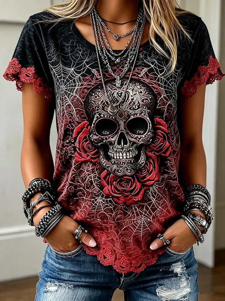 Women's Vintage Skull And Rose Art Crew Neck Short Sleeve Top