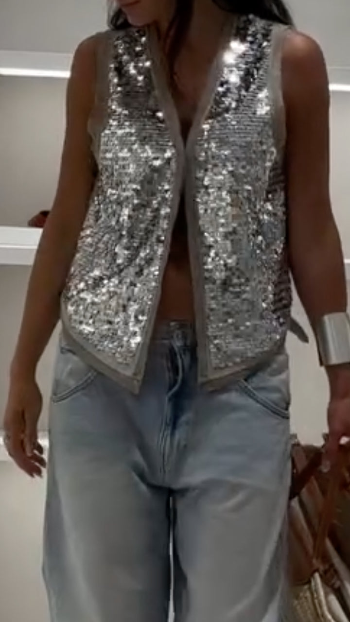 Silver Sequin Vest and Denim Outfit