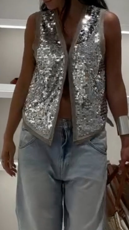 Silver Sequin Vest and Denim Outfit