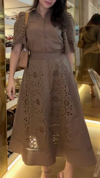 Brown Cutout Shirt & Skirt Set