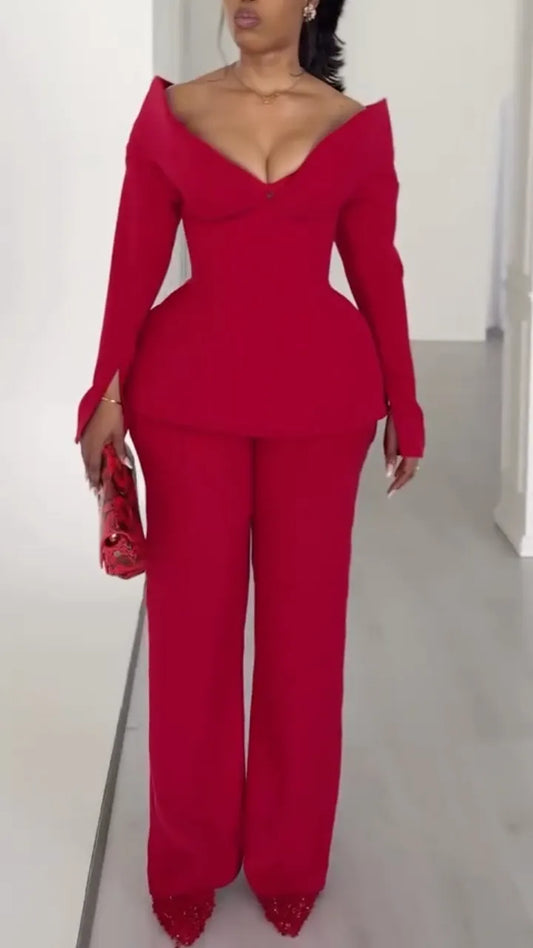 Off-Shoulder Peplum Top & Straight Leg Pants Set