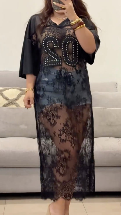 Rhinestone Number Sheer Lace Long Tunic