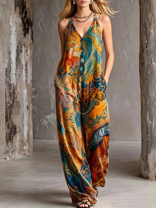 Women's Casual Loose V-neck Spaghetti Strap Jumpsuit With Retro Abstract Print