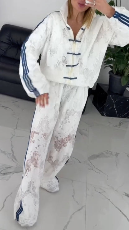 Frog-Button & Lace-Trimmed Striped Track Jacket + Wide-Leg Pants Set