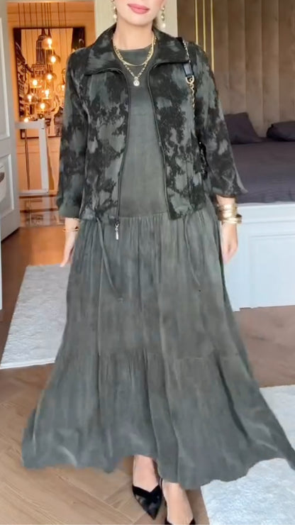 Women's Printed Zip-Up Cardigan & Dress Casual Set