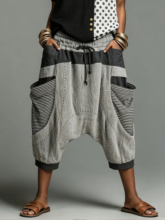Womens Striped Patchwork Drop Crotch Harem Cropped Pants