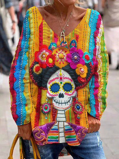 Classy Mexican Sugar Skeleton Catrina Day Of The Dead Inspired Pattern Art Printed V-Neck T-Shirt