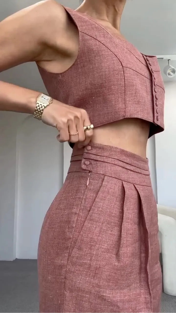 Linen Crop Top & High-Waisted Pants Set