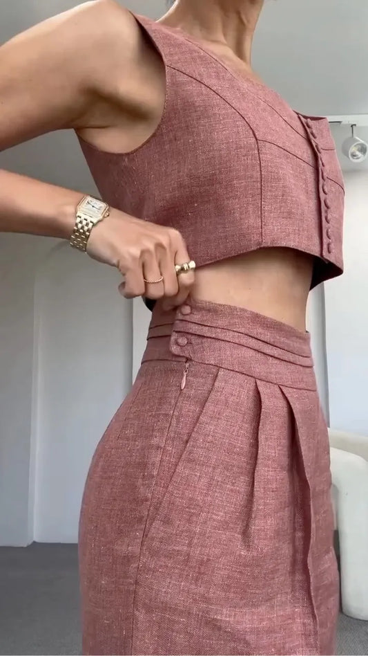 Linen Crop Top & High-Waisted Pants Set