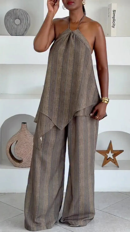 Brown Striped Halter Linen Co-Ord Set