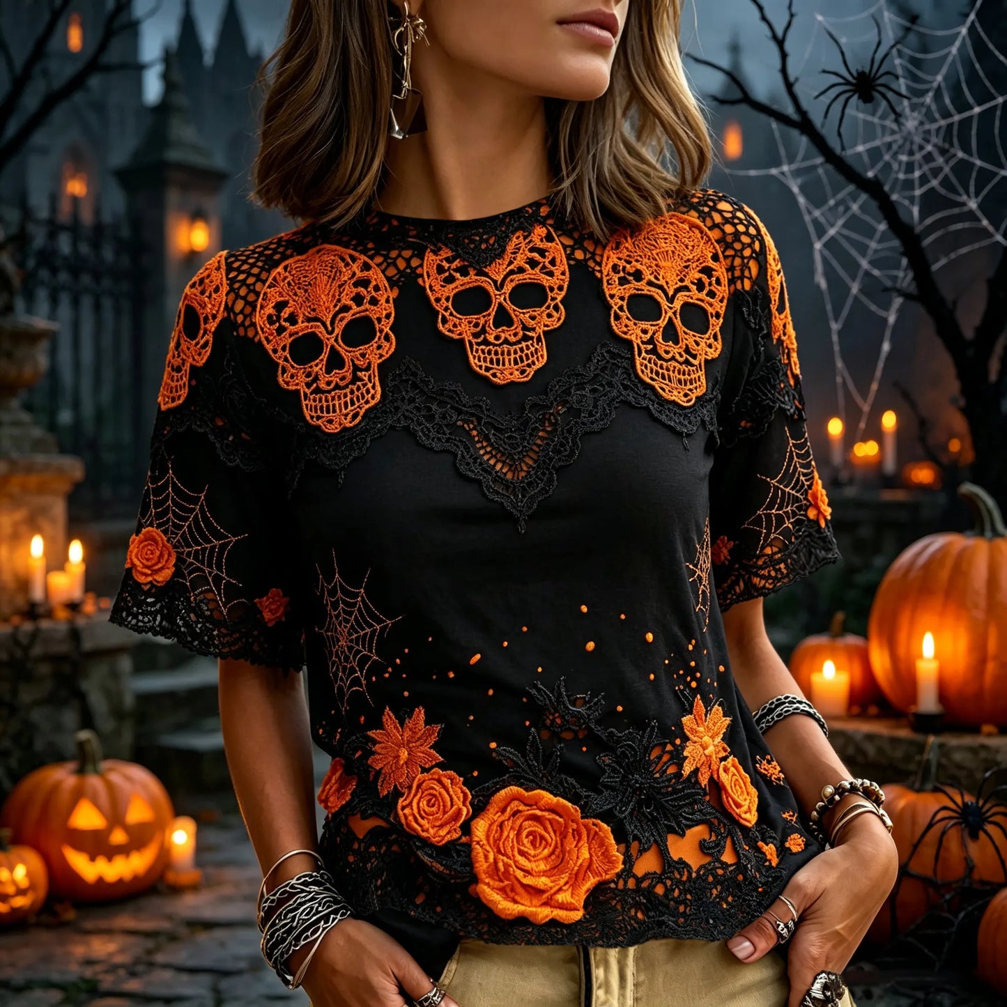 Women's Retro Halloween Skull And Floral Embroidery Casual Cotton Linen T-shirt