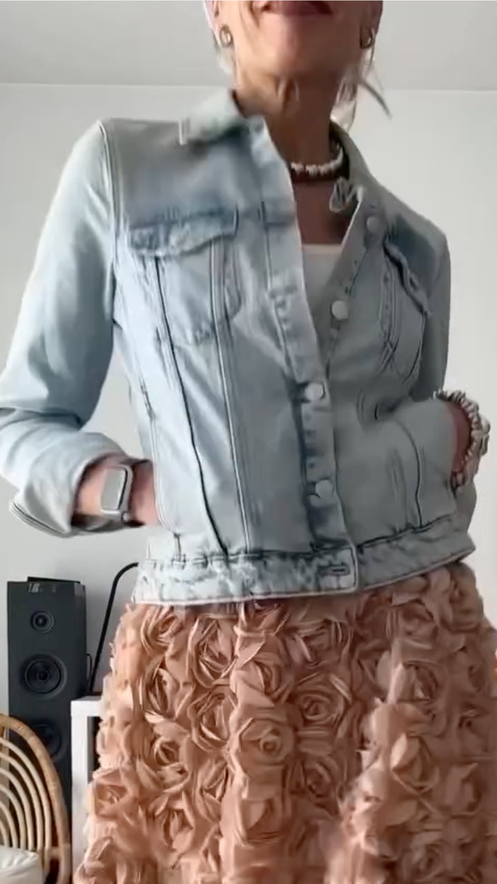 Denim Jacket & Pink Floral Skirt Outfit