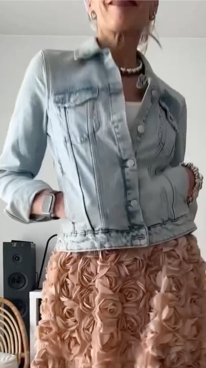 Denim Jacket & Pink Floral Skirt Outfit