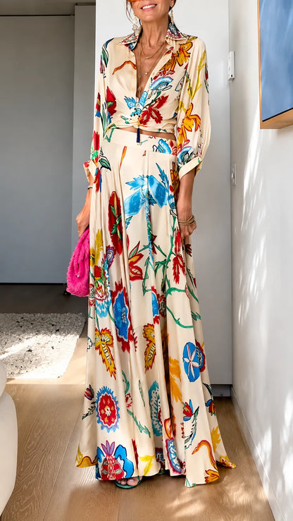 Women's Collared Printed Satin Resort Set