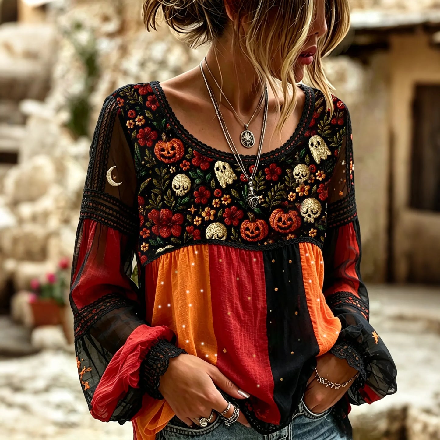 Women's Dark Halloween Floral Pumpkin Skull Patchwork Long-sleeve Cotton Linen T-shirt