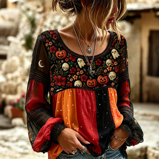 Women's Dark Halloween Floral Pumpkin Skull Patchwork Long-sleeve Cotton Linen T-shirt