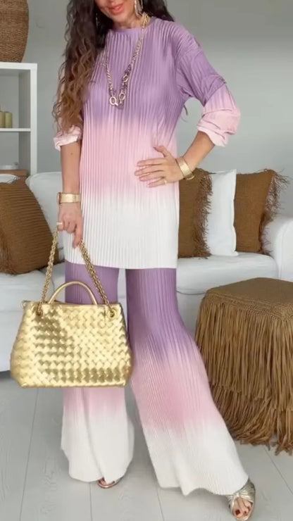 Women's Round Neck Pleated Gradient Casual Suit