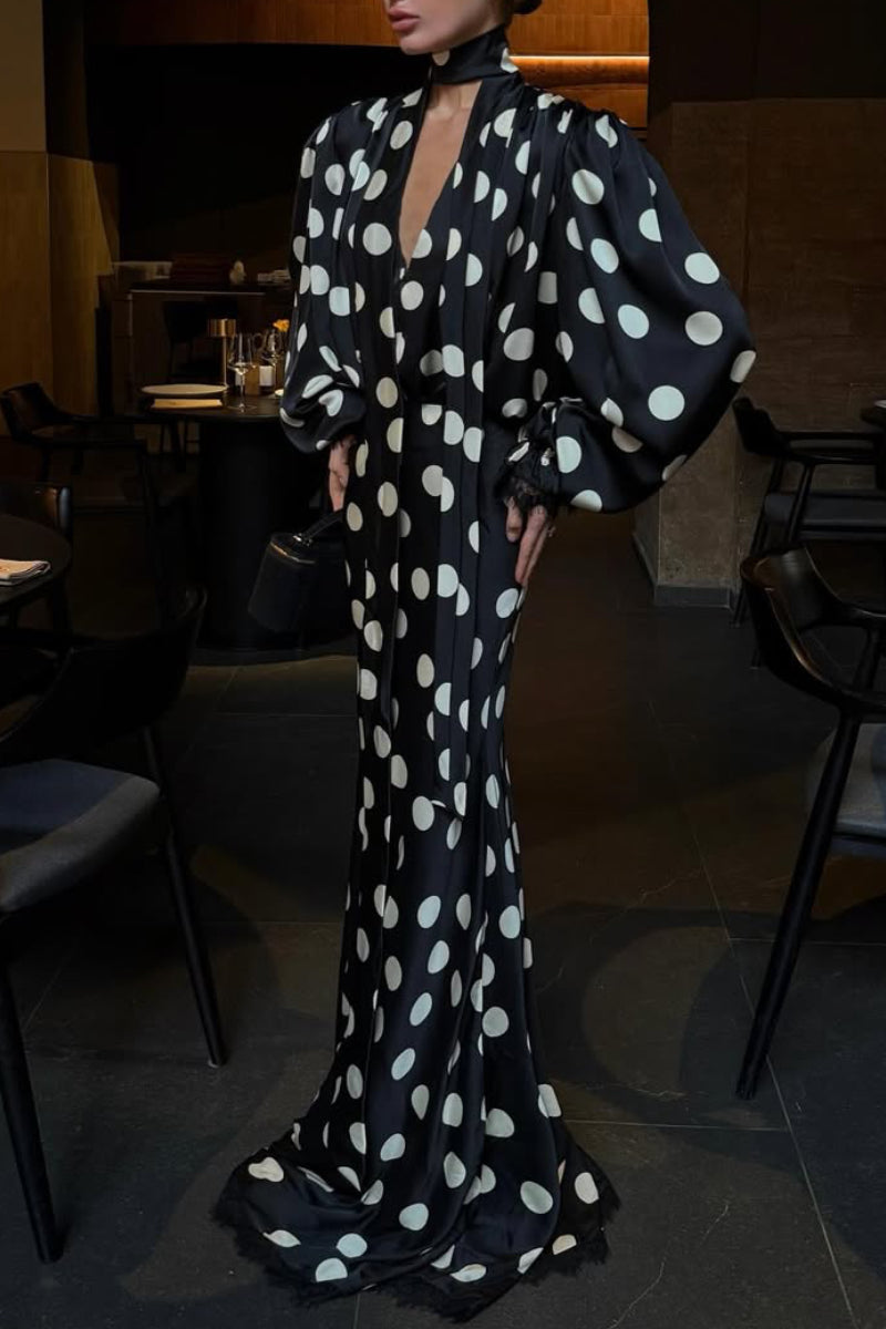 Women's V-Neck Polka Dot Satin Maxi Dress