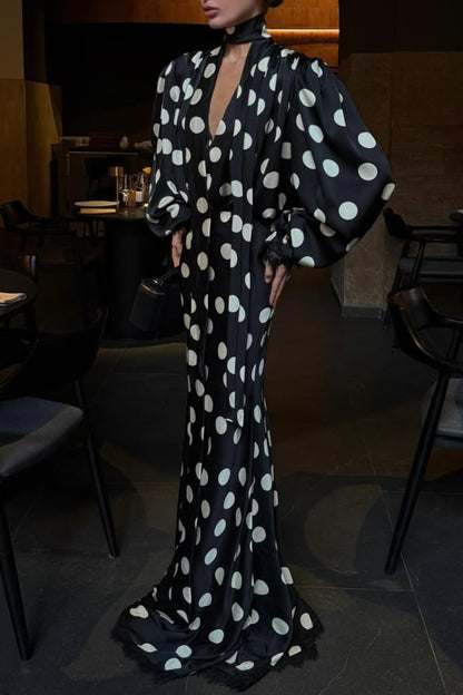 Women's V-Neck Polka Dot Satin Maxi Dress