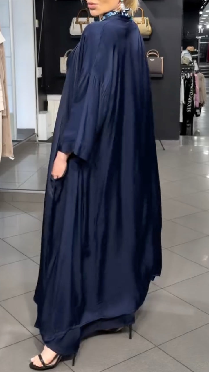Women's Round Neck Dress + Cardigan Long Satin Suit