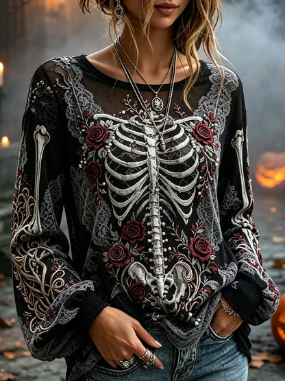 Women's Retro Dark Skull Rose Design Long-sleeve T-shirt