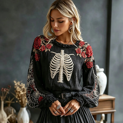 Women's Retro Halloween Bone And Floral Art Embroidery Round Neck Top