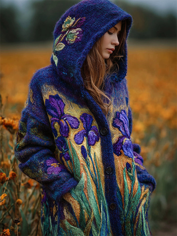 Purple Irises Felt Embroidered Cozy Knit Hooded Cardigan