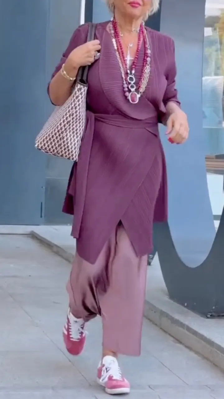 Purple Pleated Wrap Tunic & Satin Skirt Co-Ord Set