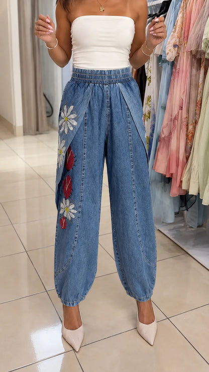 Floral Print Rhinestones Light Denim Harem Pants