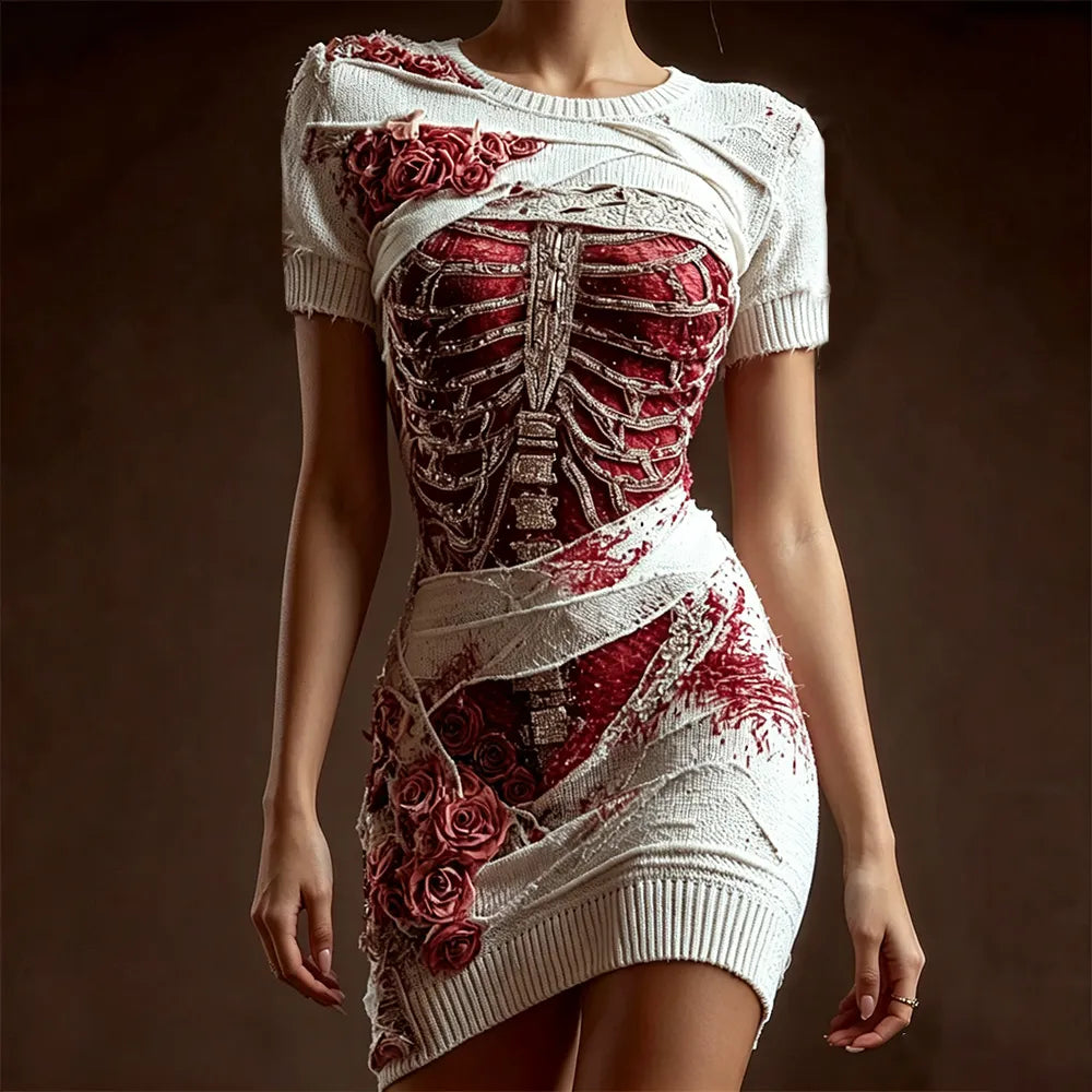 Women's Halloween Skull And Lace-up Art Casual Crew Neck Bodycon Dress