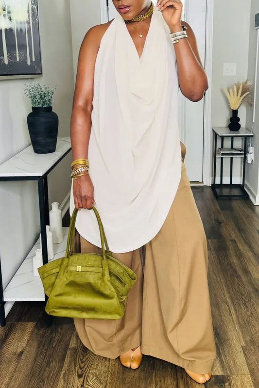 Halter Draped Tunic Top & Wide Leg Pants Two Piece Outfit