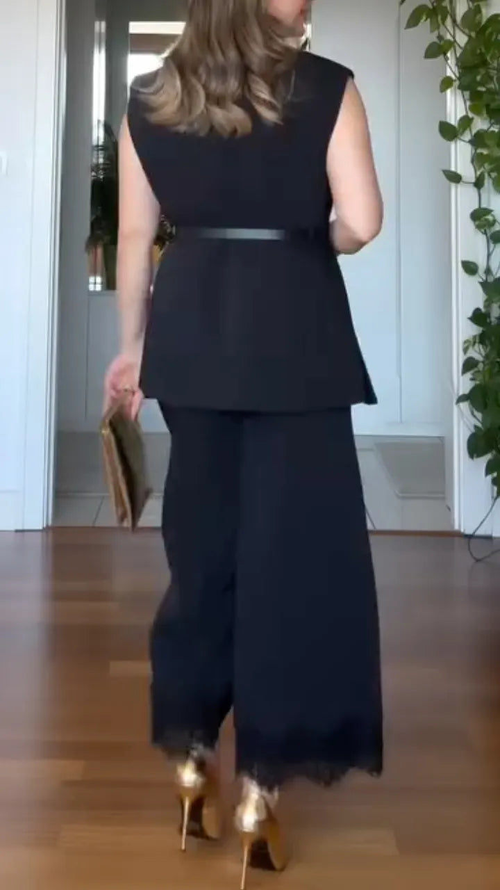 Black Belted Blazer Vest and Culottes Set
