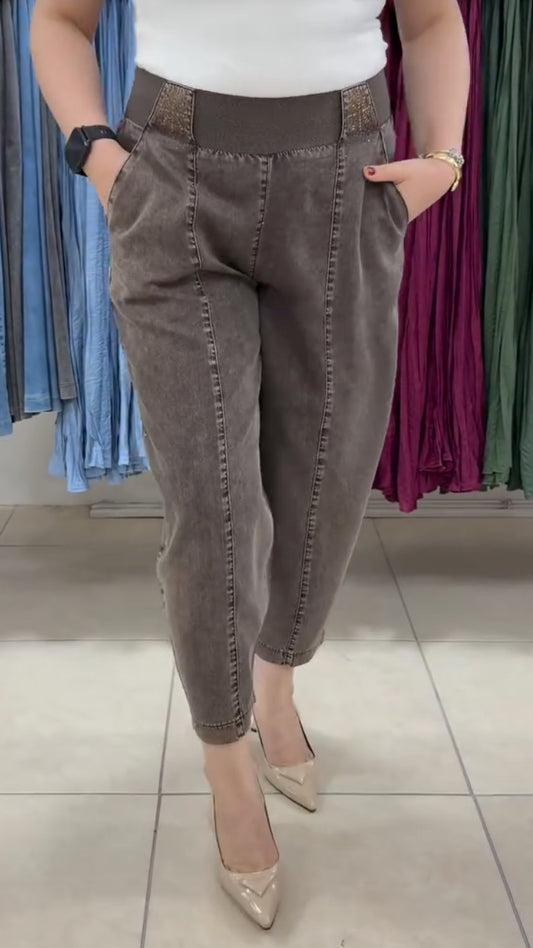 Washed Brown Elastic Waist Harem Pants