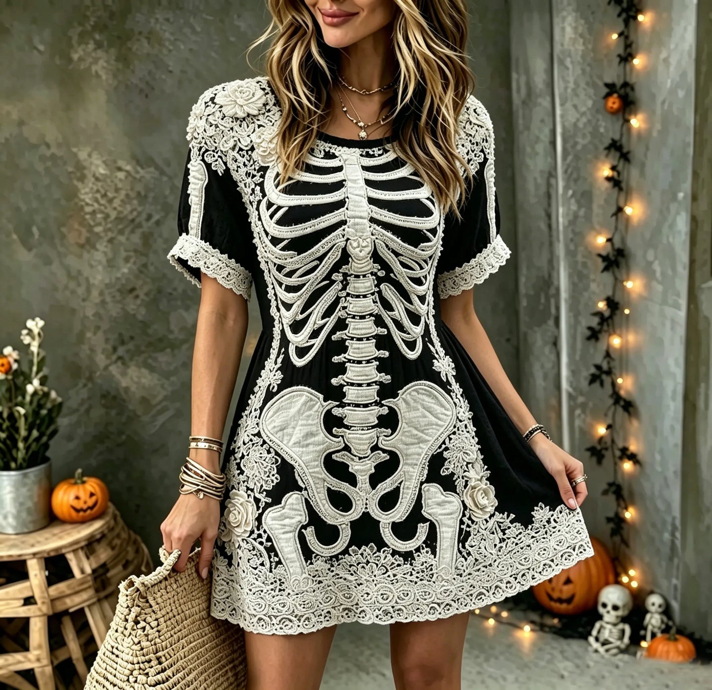 Women's Vintage Halloween Rose And Human Skeleton Art Crew Neck Short Sleeve Mini Dress