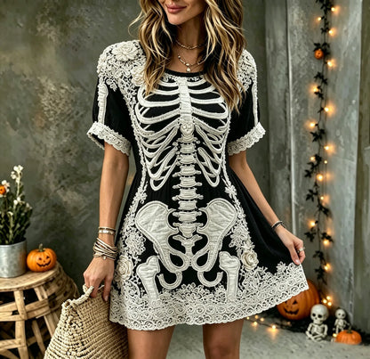 Women's Vintage Halloween Rose And Human Skeleton Art Crew Neck Short Sleeve Mini Dress