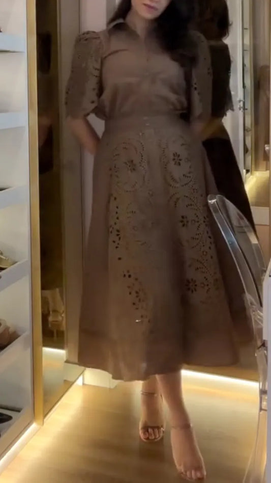 Brown Cutout Shirt & Skirt Set