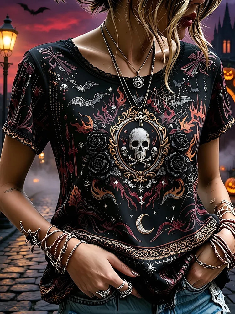 Women's Gothic Skull And Roses Graphic Short Sleeve T-shirt