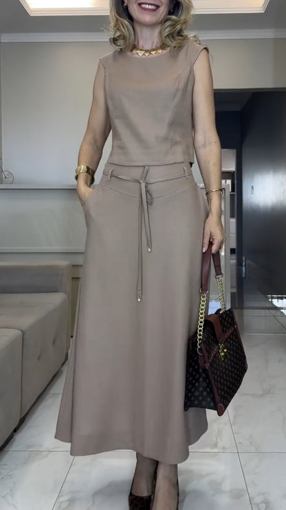Beige Sleeveless Top & Midi Skirt Co-Ord Set